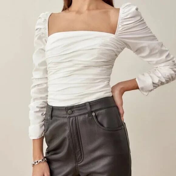 Reformation Joi top long sleeve white ruched and layered size 6 - Picture 1 of 8